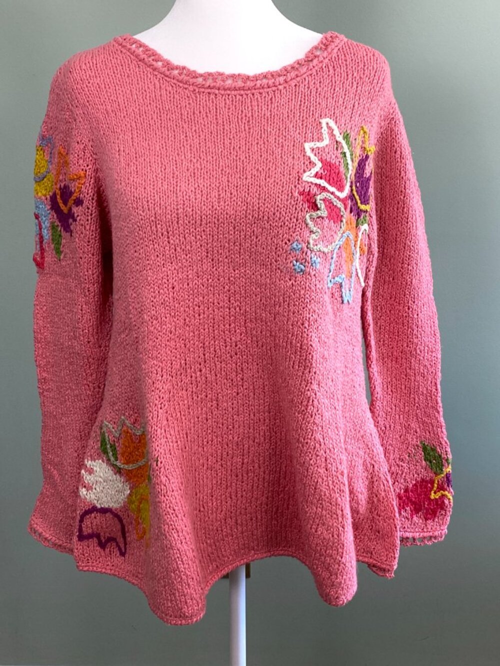 Amano Floral Sweater Cotton Knit Embroidered Crochet Trim Womens S/M Pink Boho
